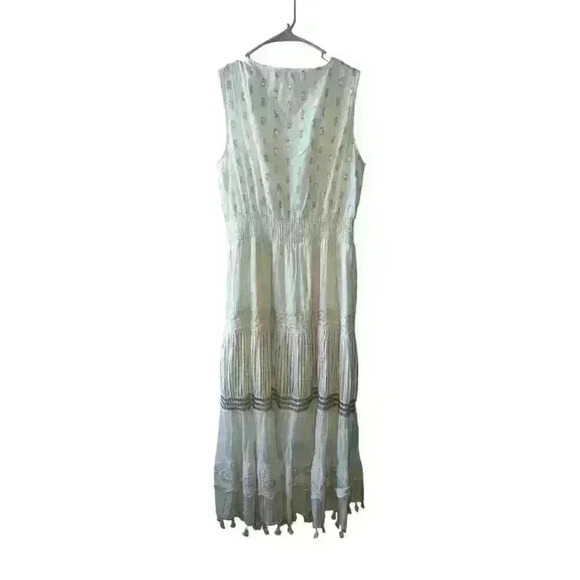 Midi Maxi Dress Sleeveless Lined Tiered Gold bohemian boho size l Plunge - Picture 2 of 6